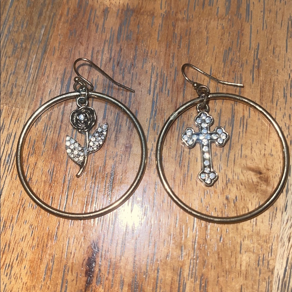 Gold Hoop Earrings with Crystal Rose and Cross Accents